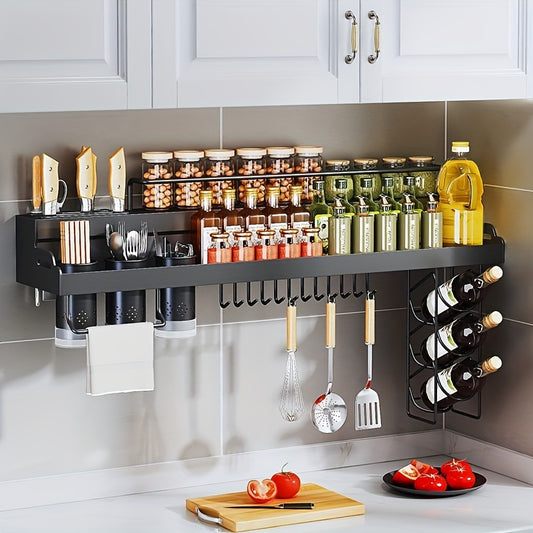 MRSINE Wall Mount Kitchen Organizer Rack with Utensil Holder, Metal Stainless Steel Hanging Shelf for Dishware, Knife Block, Spice Jars & Wine Bottles Storage