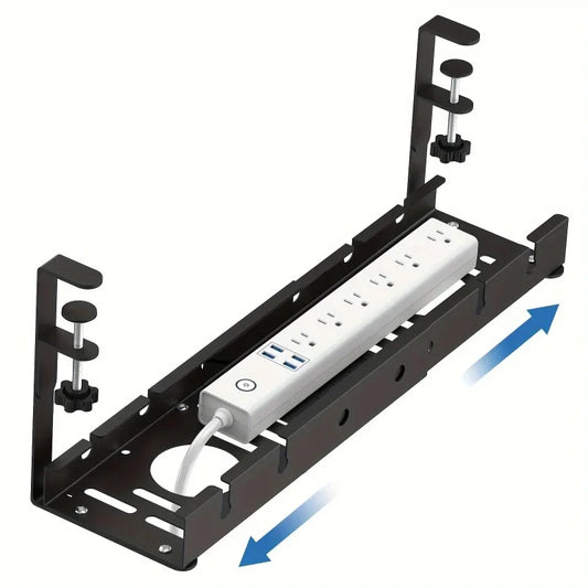 No-Drill Extendable Under Desk Cable Tray – Metal Cord Holder with Clamp